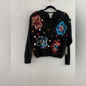 By My vintage 80s sequin angora blend cropped floral black sweater size M